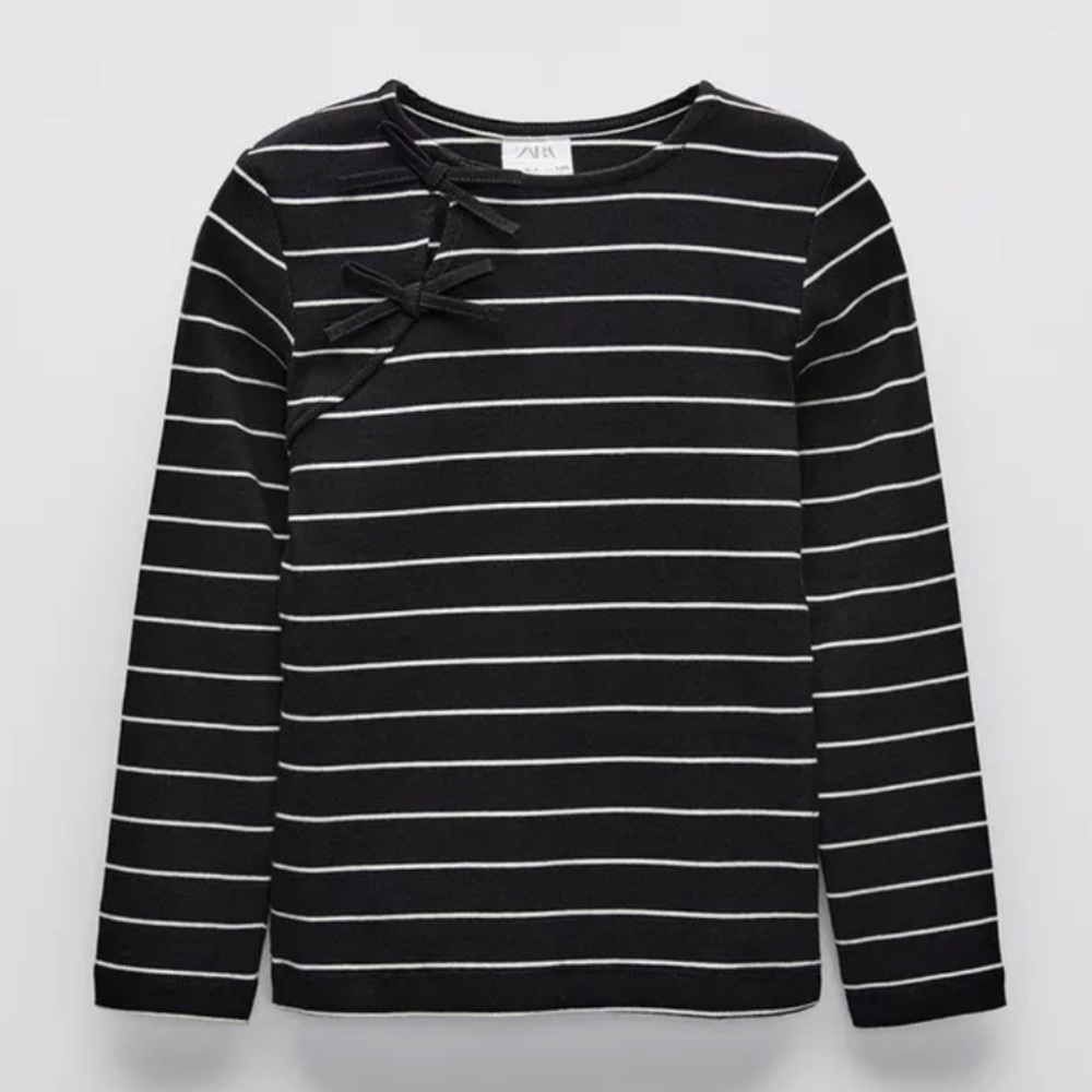 Zara girls Black and White striped Crew Neck long sleeve bow detail